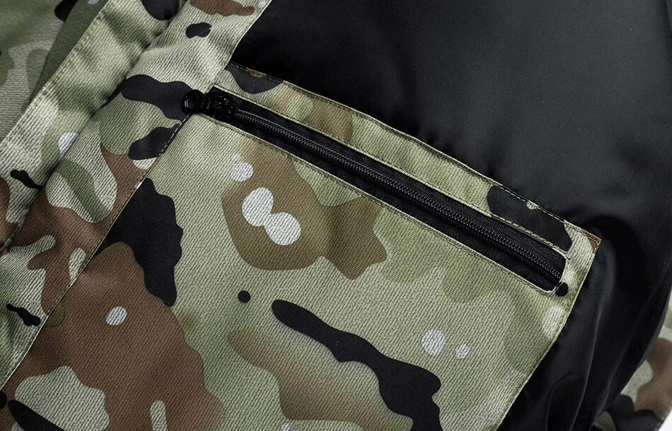 Close-up of camouflage waterproof men's snowboard jacket pocket with zipper for secure storage, showcasing durable fabric and design.